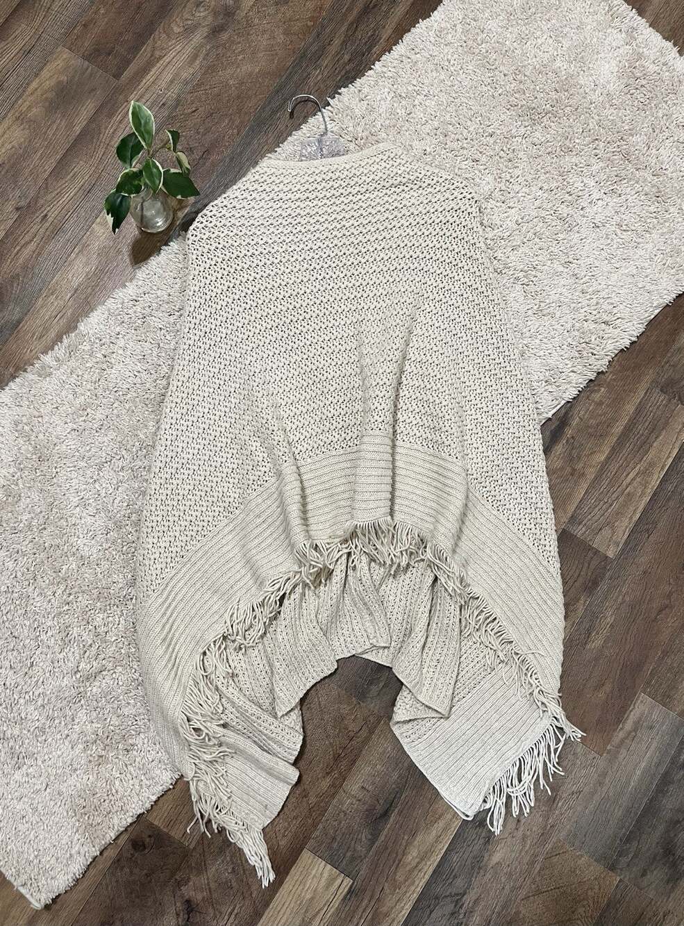 J.Jill One Size Beige Crochet Open Knit Fringe Wool Blend Poncho Sweater